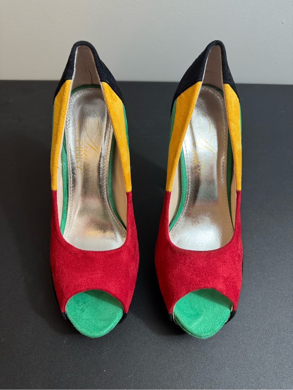 Multicolor Peep-Toe Suede Heels in Red, Green & Yellow